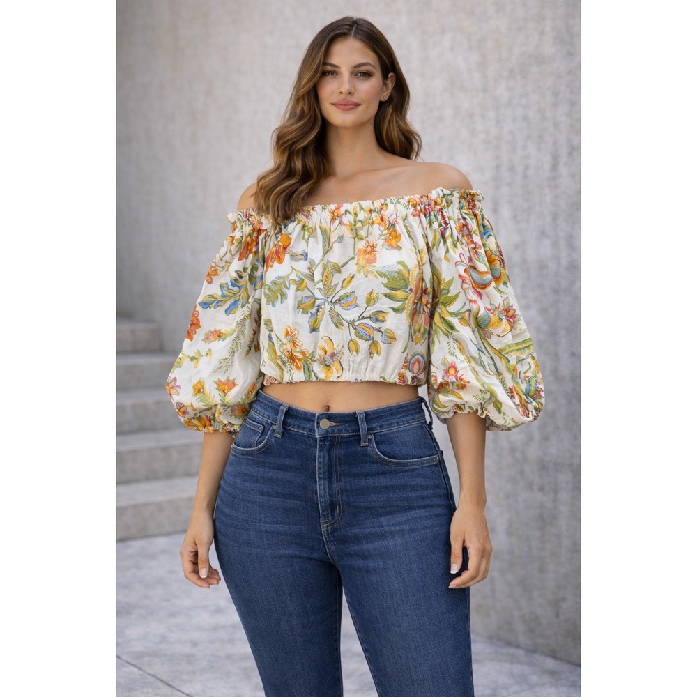 Rachel Zoe Top Floral Off the Shoulder Crop Puff Sleeve Linen Blend Small Multi